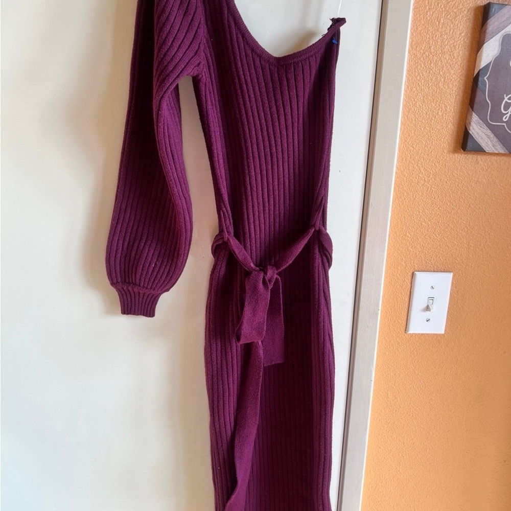 Lulu's One-Shoulder Knit Dress in Burgundy, Beige, and Light Blue - Picture 4 of 16